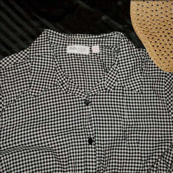 Flutter & Kick black & White Mini Check Self Tie Peplum Maternity Blouse - Picture 3 of 12